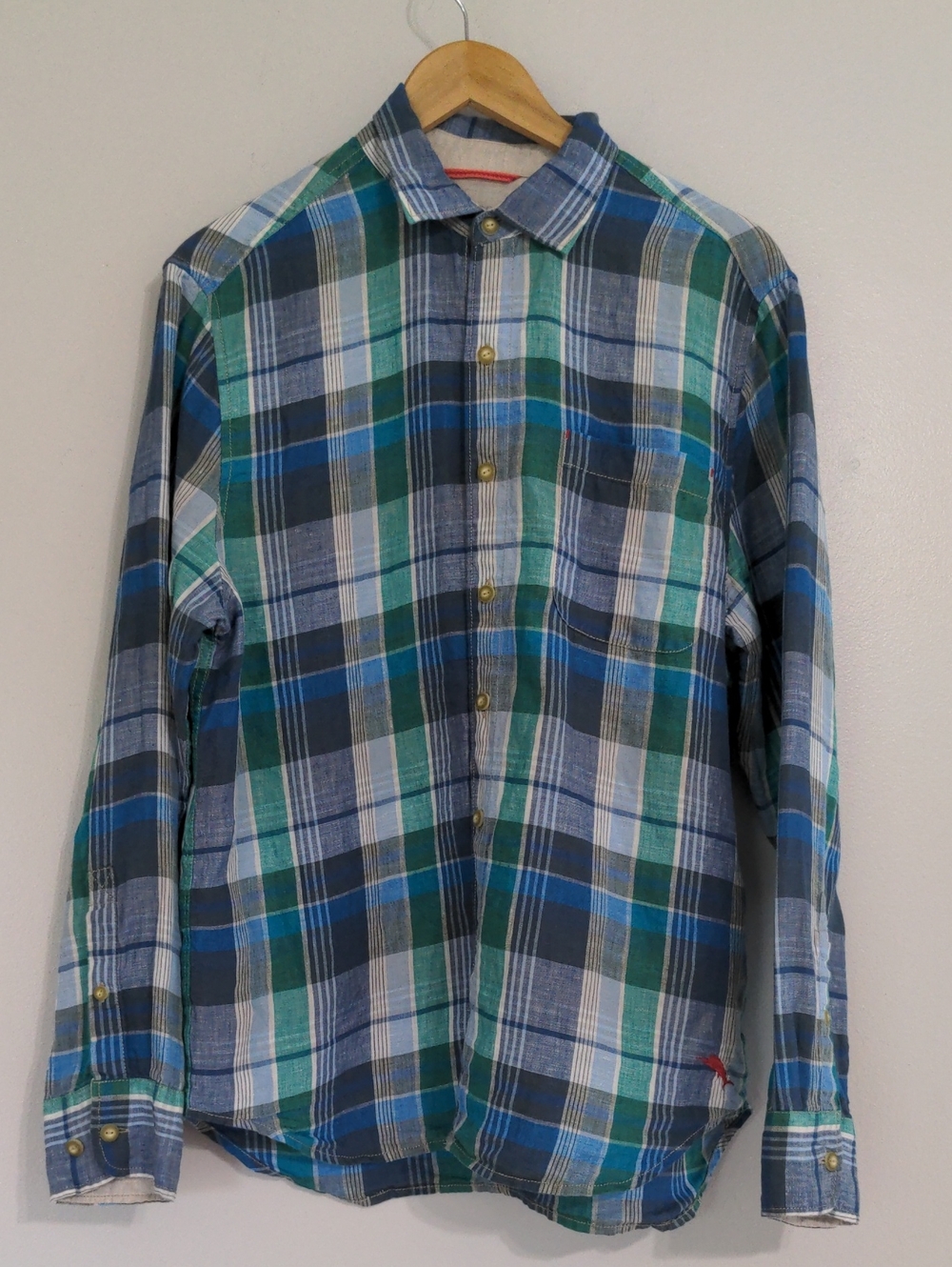 Tommy Bahama Shirt Button Down 100% Linen Plaid Mens Medium Long Sleeve Blue